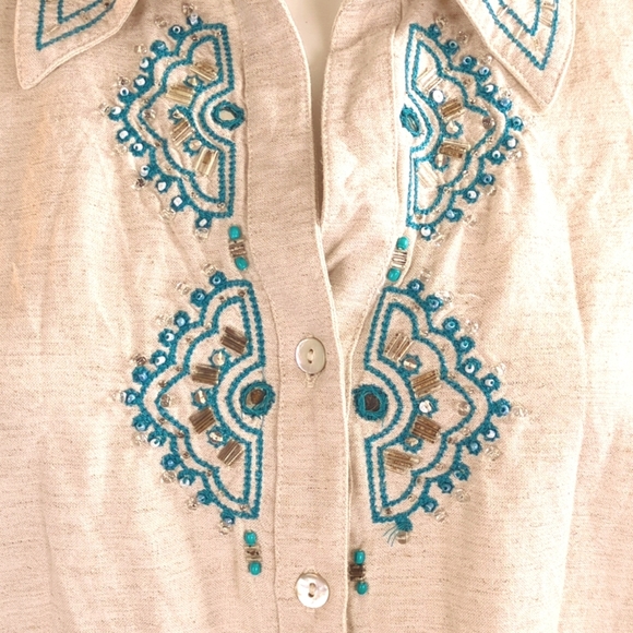 Vintage Lemon Grass Studio Embroidered Button Down Shirt. Cotton/Rayon/Linen - Picture 5 of 13